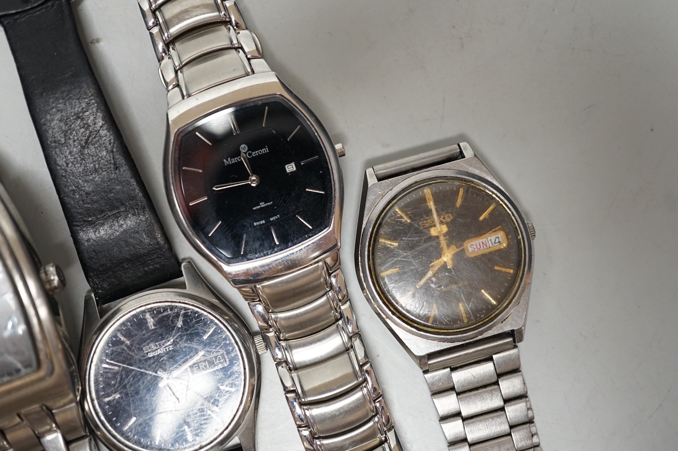 Five assorted modern gentleman's steel wrist watches, including Seiko, Sekonda and Limit.